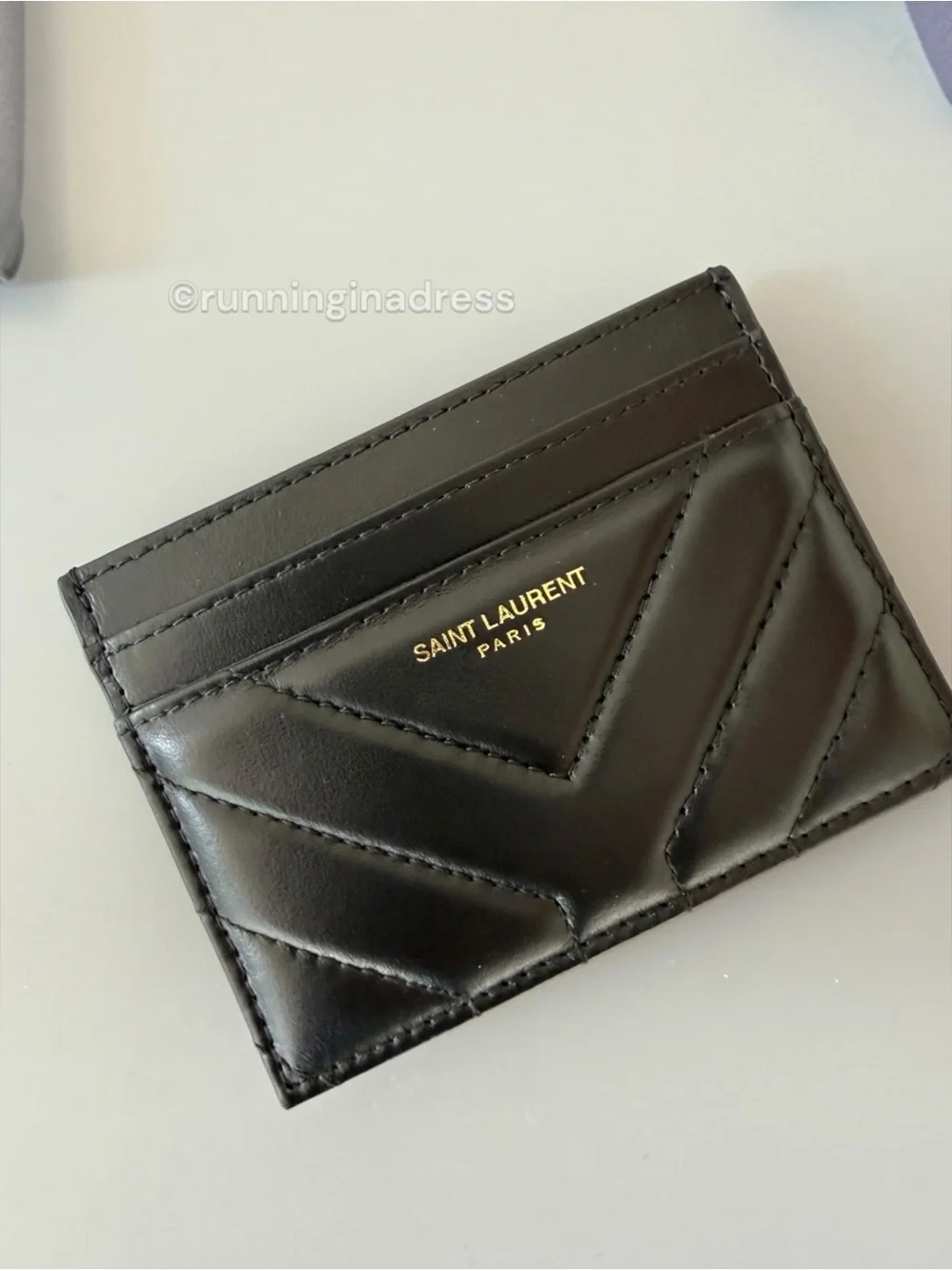 Saint Laurent YSL Joan Quilted Leather Card Case Holder Wallet Black Gold Stamp
